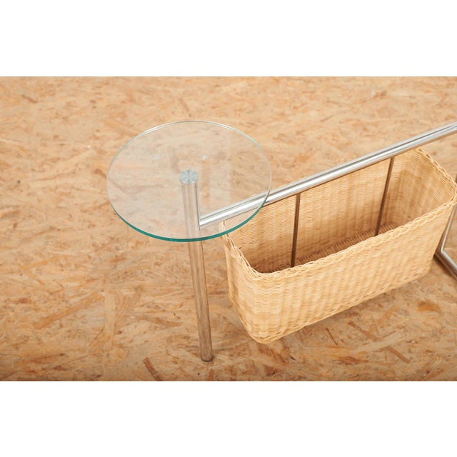 Zanotta Magazine Rack Potto Frame in Chrome-Plated Tubular Steel, Woven Basket and Round Glass Shelf by Andrea Branzi for Zanotta, 1993 For Sale - Image 4 of 11