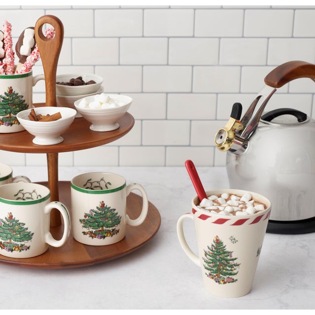 English Spode Christmas Tree Peppermint Mugs with Spoons, Set of 2 For Sale - Image 3 of 4