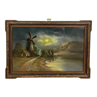 Vintage Framed Moonlit Windmill Landscape Painting With Coastal Harbor Scene. For Sale
