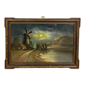 Vintage Framed Moonlit Windmill Landscape Painting With Coastal Harbor Scene.