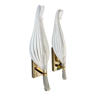 Franco Luce for Seguso Murano Glass Leaves & Brass Sconces For Sale