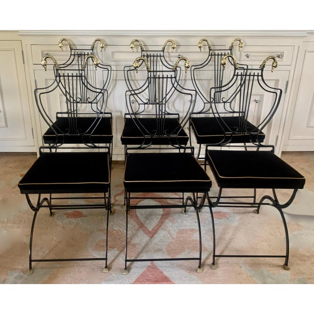Maison Jansen Brass Swan and Black Lyre Back Folding Chairs with Claw feet - Set of 6 For Sale - Image 12 of 13