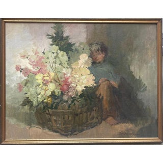 Flowers with Child, 1900s, Oil on Canvas, Framed For Sale