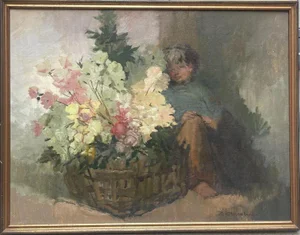 Flowers with Child, 1900s, Oil on Canvas, Framed