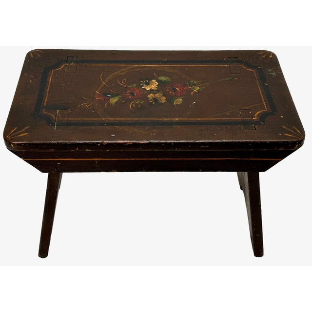 Wood Antique Hand Made American Victorian Folk Art Wood Fireside Footstool With Hand Oil Painted Flowers & Features For Sale - Image 7 of 13