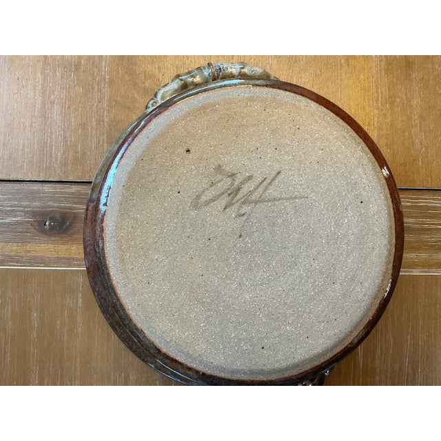 Mid-Century Modern Large Vintage Hand-Thrown Studio Pottery Handled Bowl - Signed For Sale - Image 3 of 4