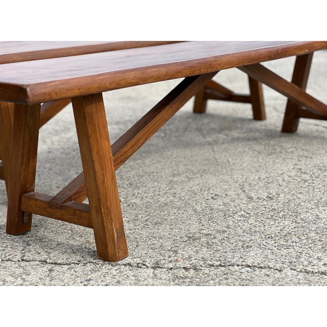 Pair of solid wood benches in the Brutalist style, reminiscent of Olav Hanninen. Dimensions: Height: 44 cm Width: 33 cm...