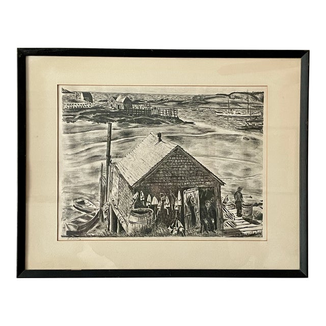 "Lobsterman's Wharf" Original 1946 Lithograph by Zsissly, Framed For Sale