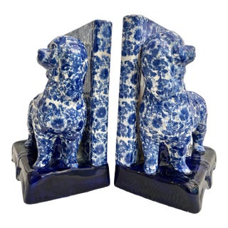 Vintage Blue and White Calico Chintz Porcelain Staffordshire Style Dogs Bookends For Sale