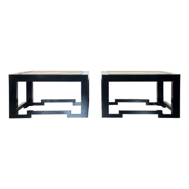 Wood and Travertine Coffee Tables in the style of Maison Jansen, 1970s, Set of 2 For Sale