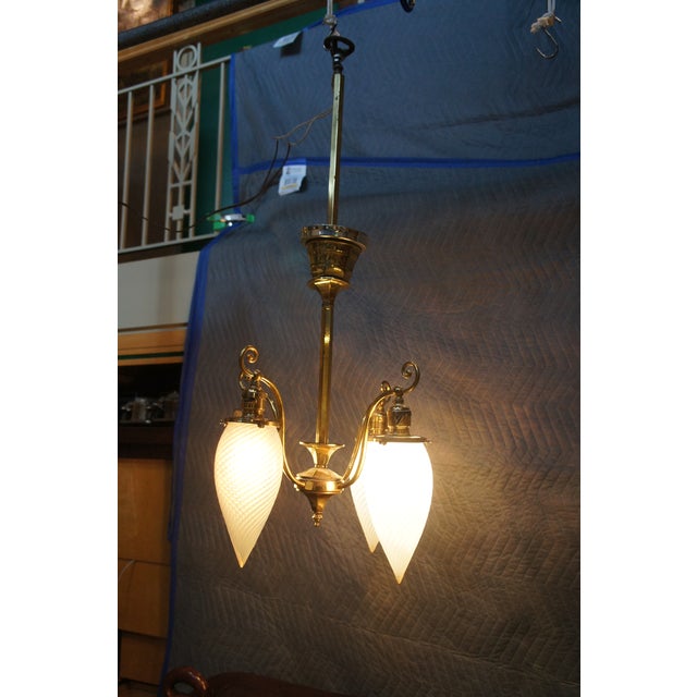 Antique Victorian Hubbell Opalescent Swirl Glass 4 Light Pendant Chandelier 38" For Sale - Image 10 of 14