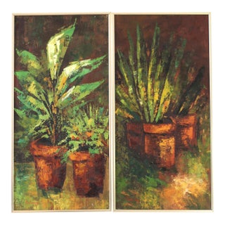 Pair of houseplant paintings - heavily textured - 70s paintings - midcentury - boho - green paintings - still life - vertical painting -gift For Sale