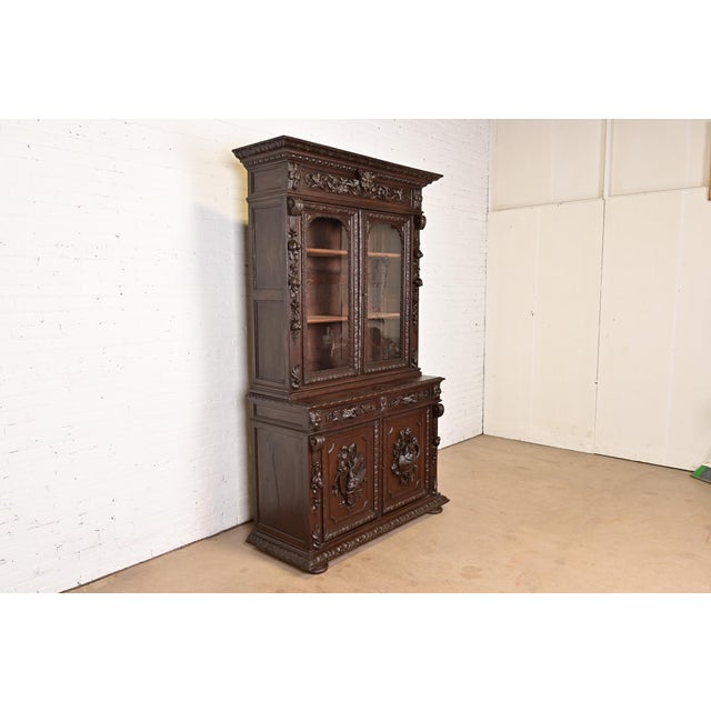 Victorian Antique French Renaissance Revival Carved Oak Breakfront Bookcase or Bar Cabinet, Circa 1880s For Sale - Image 3 of 11