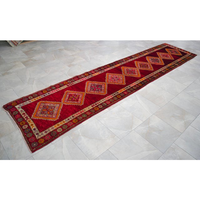 1960s Turkish Hand-Knotted Runner Rug Kitchen Hallway Decor Red & Pink 3x13 Ft Approx For Sale - Image 6 of 16