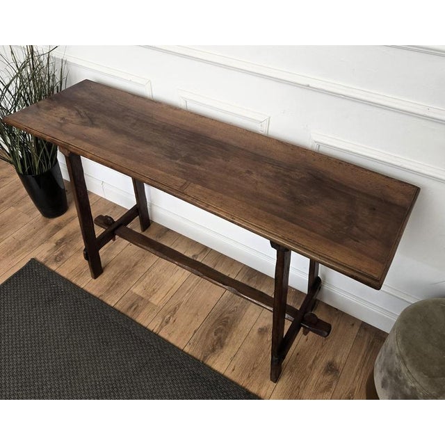 Antique Rustic Minimal Italian Wooden Carved Trestle Console Table, 1890s For Sale - Image 6 of 10