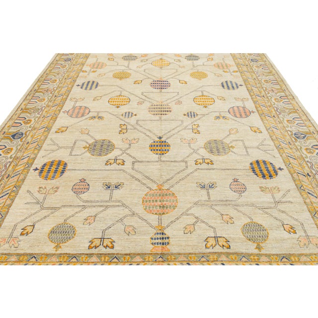 Modern Khotan Style Hand-Knotted Cream Wool Rug Pomegranate Tree of Life Design For Sale - Image 10 of 11