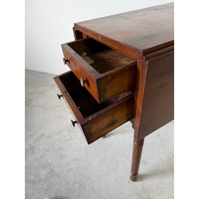 1900 - 1909 Antique Walnut Drop-Leaf Side Table With Two Drawers & Turned Legs/ Sold For Sale - Image 5 of 12