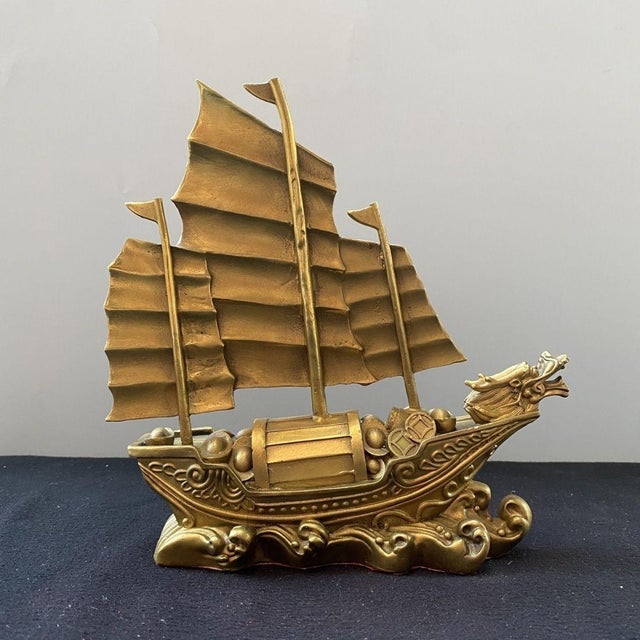 Late 19th Century Gilt Bronze Dragon Boat Statue, Treasure Ship Figure, 1.3kg For Sale - Image 4 of 5