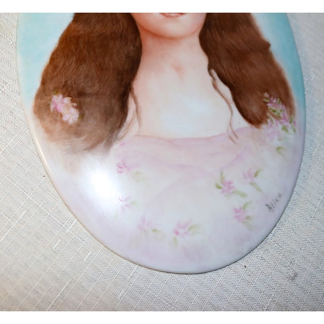 Ceramic Share Large Antique 19th Century Hand Painted Porcelain Lady Portrait Painting Figural For Sale - Image 7 of 9