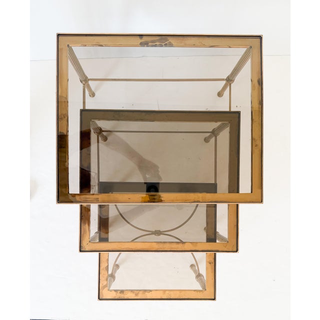 Metal French Nesting Tables of Brass With Smoked Glass For Sale - Image 7 of 18