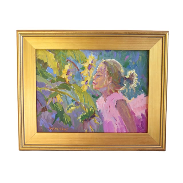 Wood Sunflowers and Young Girl in Pink Dress by Listed Artist Silvio Silvestri Oil Painting W/ Antiqued Gold Wood Frame For Sale - Image 7 of 11