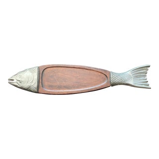 Vintage Metal and Wood Salmon Fish Serving Board For Sale