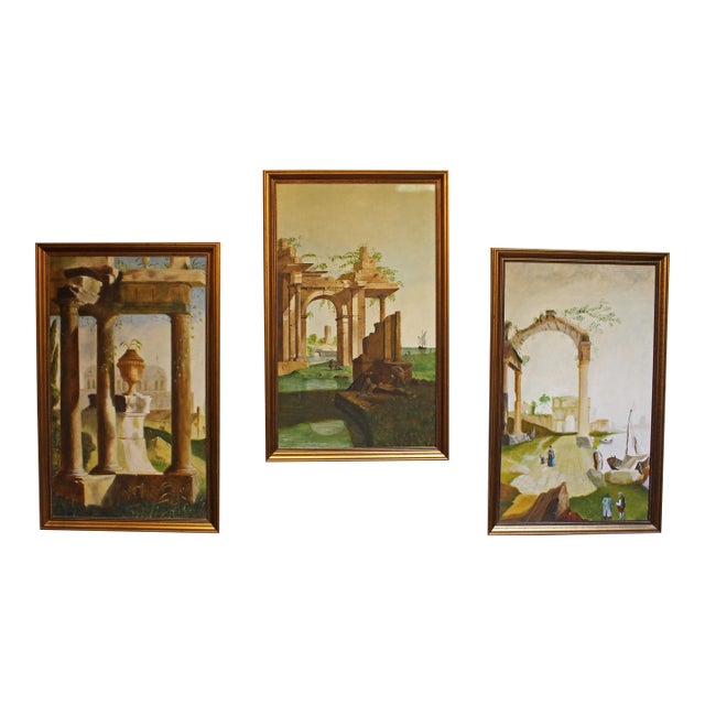 Early-Mid 20th Century Set of Three Italian Architectural Ruins Paintings For Sale
