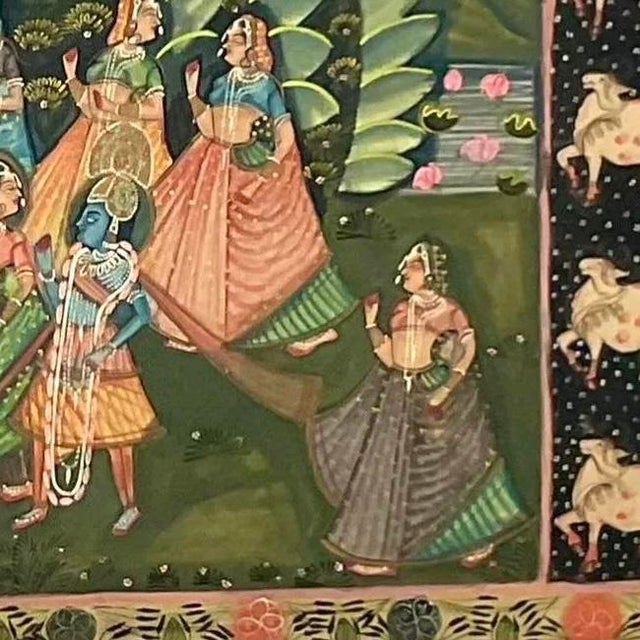 Black Vintage Indian Pichwai Folk Art Painting on Silk For Sale - Image 8 of 14