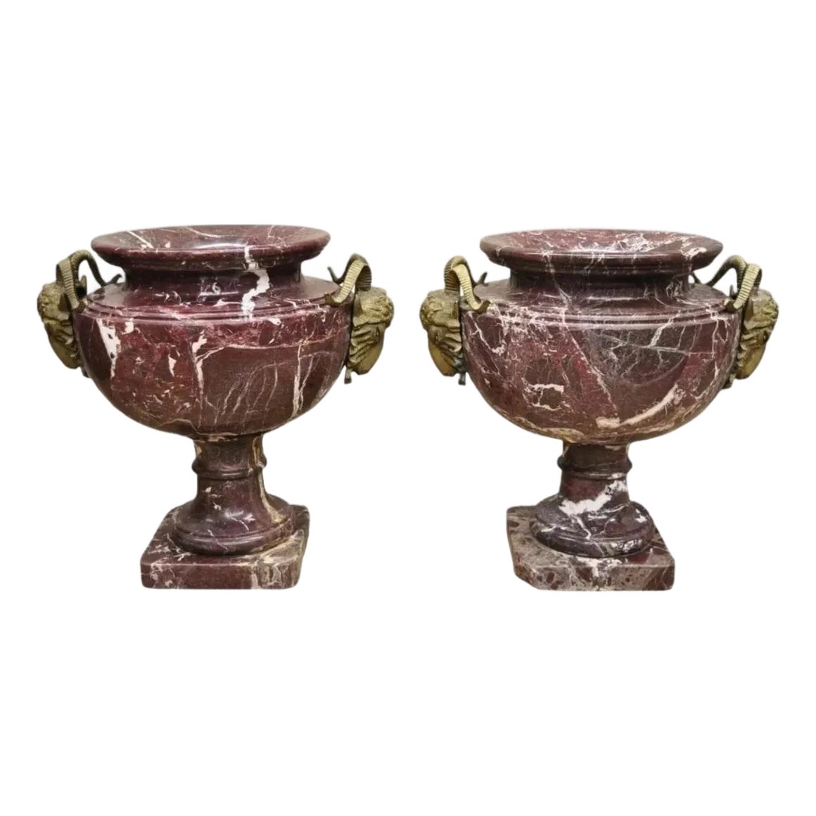 Late 20th Century French Neoclassical Rouge Marble Bronze Rams Head Urn ...