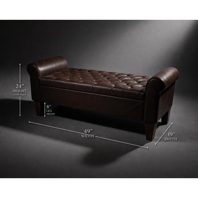 Tufted Storage Bench with Rolled Arms in Dark Espresso Leather-Look Upholstery – End of Bed or Entry Bench A beautifully...
