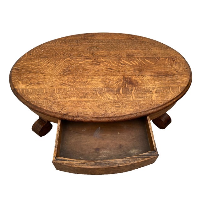 Antique Oval Coffee Table, Tiger Oak, Drawer, Shelf, Petite Size, Empire Style For Sale - Image 4 of 11
