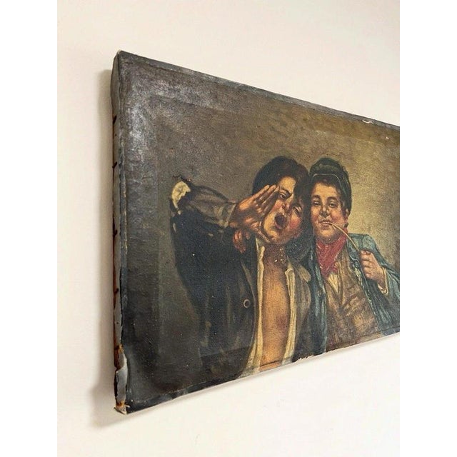 Italian School, Naïve Italian of Two Pipe-Smoking Boys, 20th Century, Oil on Canvas For Sale - Image 3 of 8