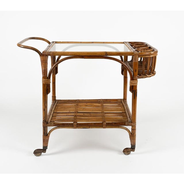 Mid-Century Bamboo, Rattan and Glass Serving Bar Cart in the style of Franco Albini, Italy, 1960s For Sale - Image 13 of 18