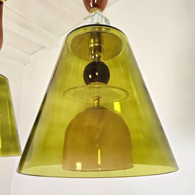 Pair of Olive Green Murano Pendant Lights, Italy For Sale - Image 10 of 13