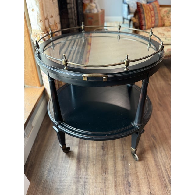 2010s Large Hickory Chair Atelier Collection Oval Bar Cart With Brass Gallery Rail & Antiqued Mirror Top For Sale - Image 5 of 8