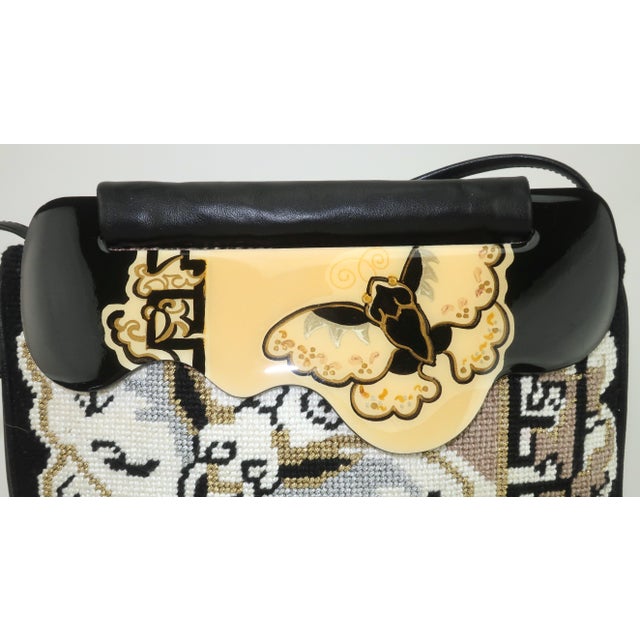 Moon Bags by Patricia Smith Needlepoint Leather & Hand Painted Lacquer Wood Handbag For Sale In Atlanta - Image 6 of 15