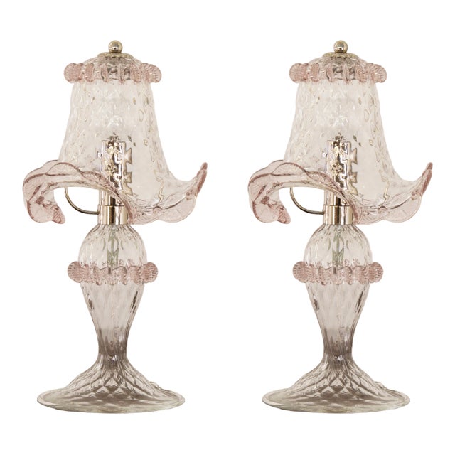 Italian Table Lamps in Clear and Light Amethyst Murano Glass, 2000s, Set of 2 For Sale