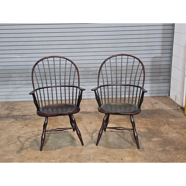 Store Item: Pair of D.R. Dimes Sack Back Windsor Arm Chairs Bench Made Black Crackle Finish Description: Each Chair has a...
