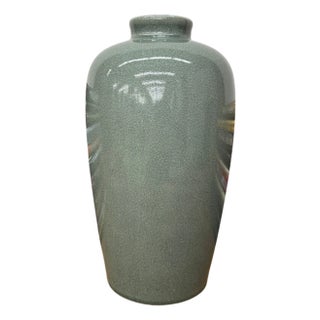 Celadon Green Vase with Rounded Body and Crackle Detail For Sale