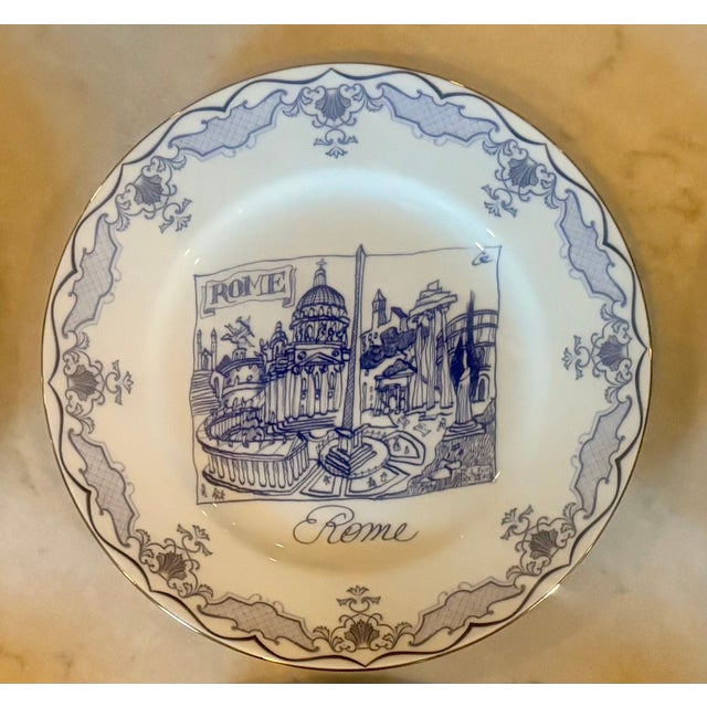 Metal Complete Set of 6 Christian Lacroix "Cartes Postales" Porcelain Salad Plates For Sale - Image 7 of 9