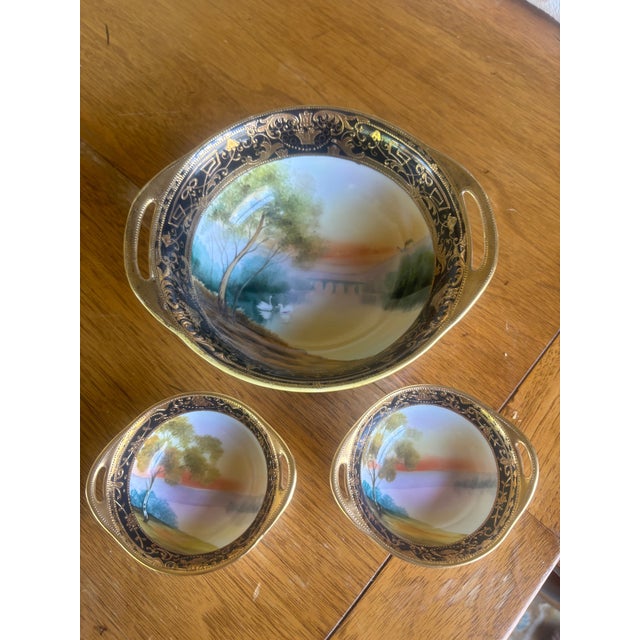 Antique Hand Painted Nippon 3-Piece Serving Set Cobalt Blue Heavy Gold Scenic Landscape M in Wreath Morimura 1910-1921 Châteaucore Grandmillennial For Sale - Image 14 of 14