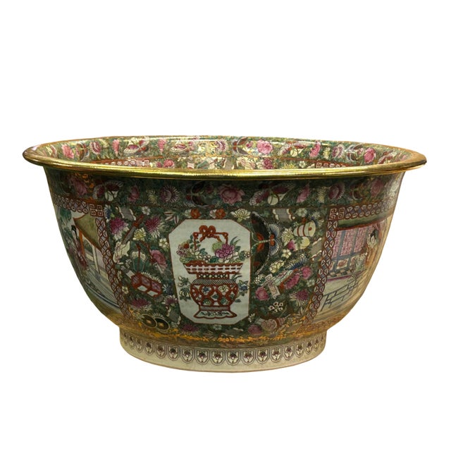 Vintage Chinese Famille Rose People House Graphic Large Porcelain Bowl Pot For Sale - Image 4 of 12