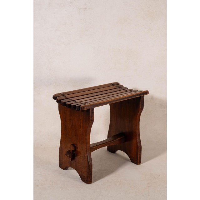 English Oak Slatted Stool. Wonderful aged oak and great original hardware details