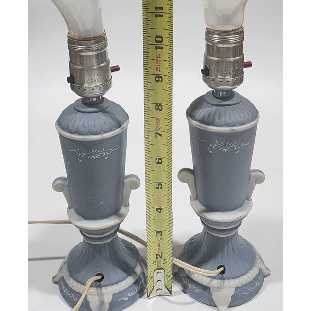 Vintage Wedgwood Jasperware Blue Table Lamps Made in Occupied Japan- Set of 2 For Sale - Image 6 of 12