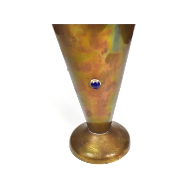 Mid 20th Century Mid 20th Century Pedestal Solid Brass Vase with Inlaid Blue Stones Dotes For Sale - Image 5 of 8