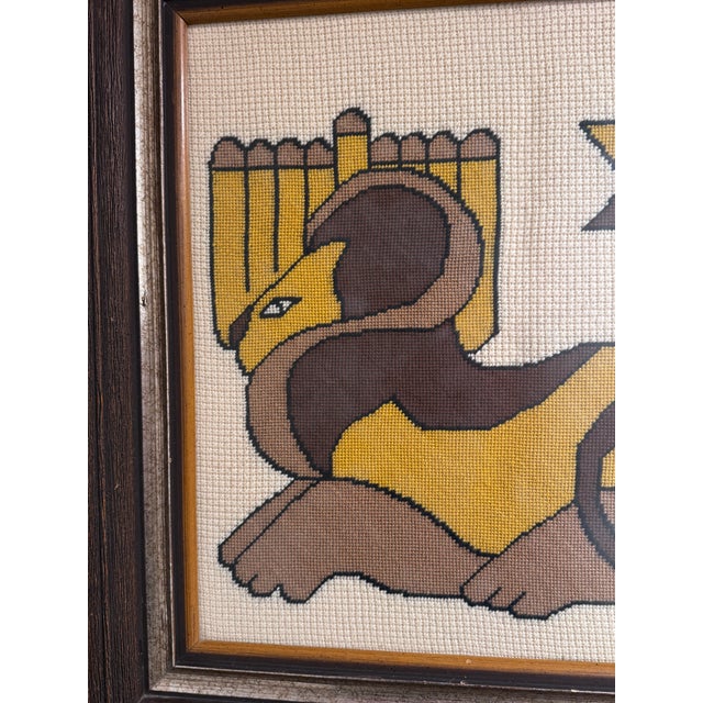 Mid-Century Modern Vintage Judaica Lion of Judah Needlepoint Textile Art, Framed For Sale - Image 3 of 4