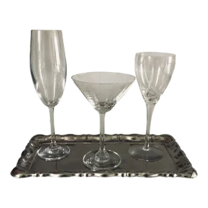 Vintage Stainless Bamboo Design Tray With Mixed Clear Crystal Bar Glasses S/4