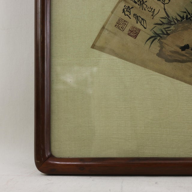 Vintage Chinese Fan Painting Figure Sleeping Under Pine Trees Framed Ink and Color on Paper With Calligraphy Poem For Sale - Image 10 of 13