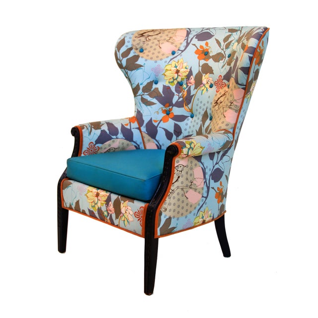 1960s Vintage Baby Blue Floral Wingback Accent Chair For Sale In New York - Image 6 of 10