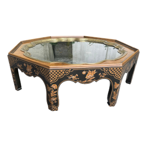 1980s Vintage Baker Furniture Chinoiserie Octagonal Glass-Top Coffee Table With Floral Hand-Painting